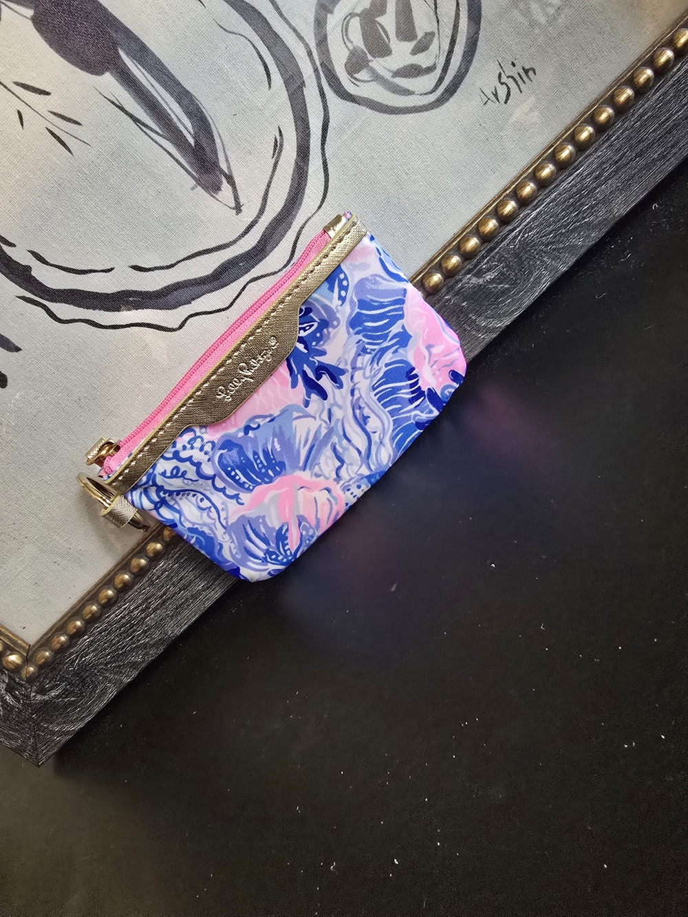 Lilly Pulitzer ID case shade seekers tropical print gold hardw coin purse wallet